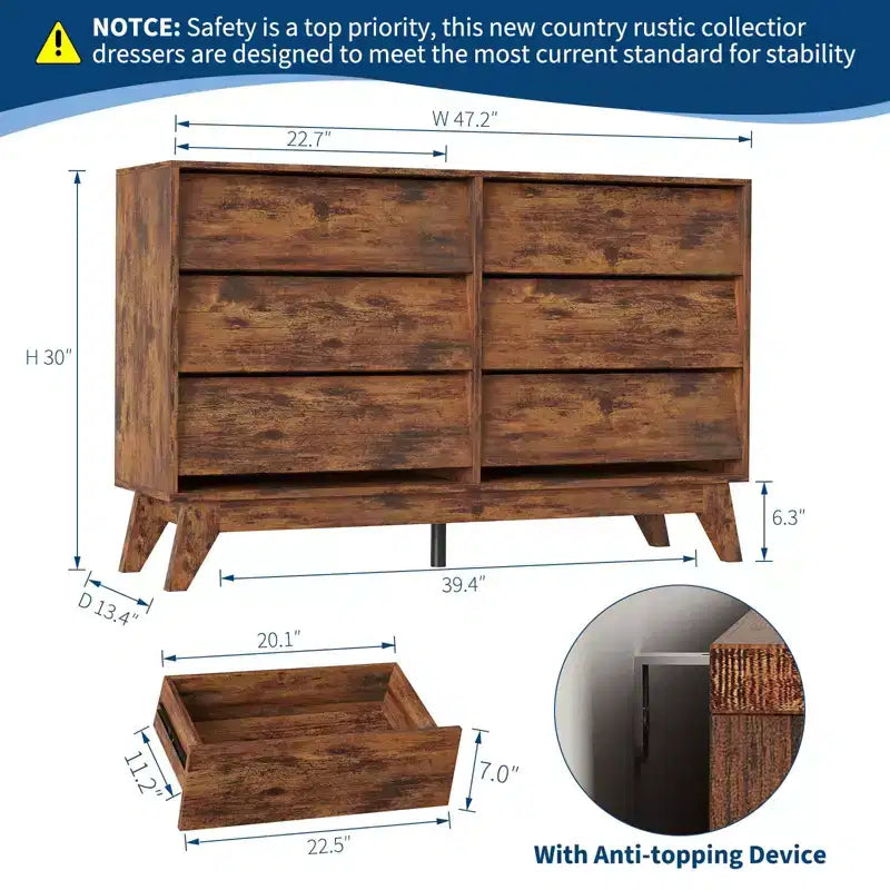 Commode à 6 tiroirs, commode vintage de 145 cm de large avec design biseauté, meuble TV moderne pour chambre à coucher, salon, entrée et dressing