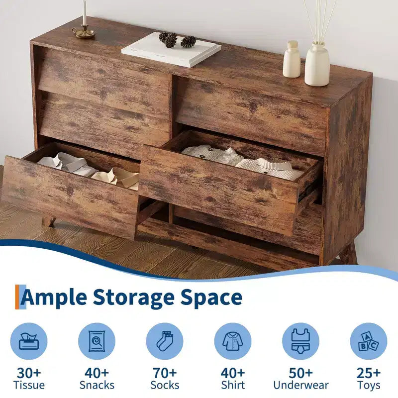 Commode à 6 tiroirs, commode vintage de 145 cm de large avec design biseauté, meuble TV moderne pour chambre à coucher, salon, entrée et dressing