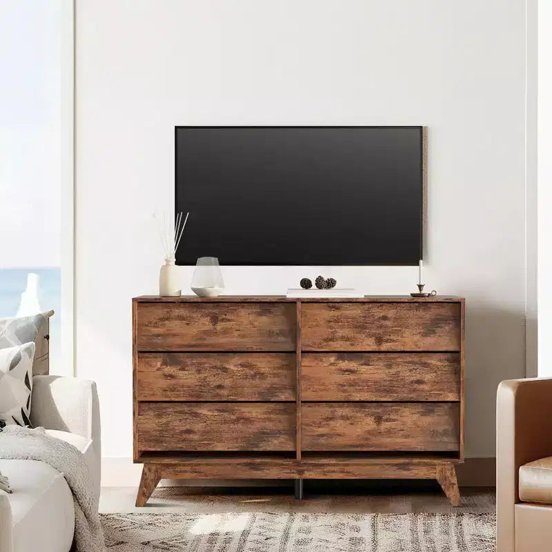 Commode à 6 tiroirs, commode vintage de 145 cm de large avec design biseauté, meuble TV moderne pour chambre à coucher, salon, entrée et dressing