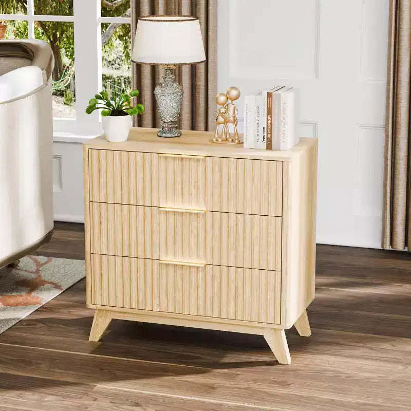 Table de chevet de 80 cm de haut avec 3 tiroirs, bois cannelé, table de chevet moderne du milieu du siècle