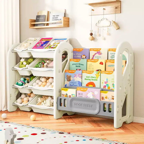 Étagère à Livres et Organiseur de Jouets 2-en-1 avec Bacs de Rangement, en PEHD Blanc
