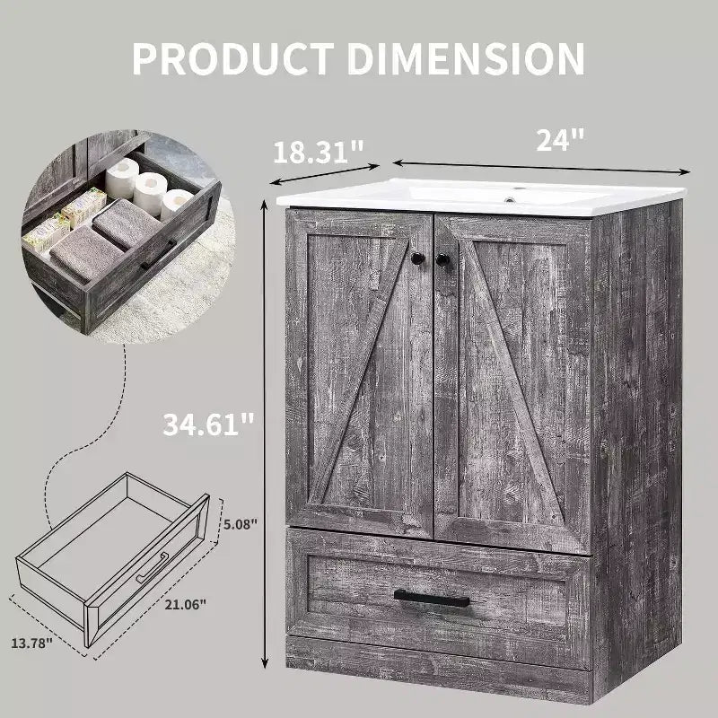 Meuble-lavabo de salle de bain de style fermier 24 po avec évier, commode de salle de bain avec grand tiroir de rangement