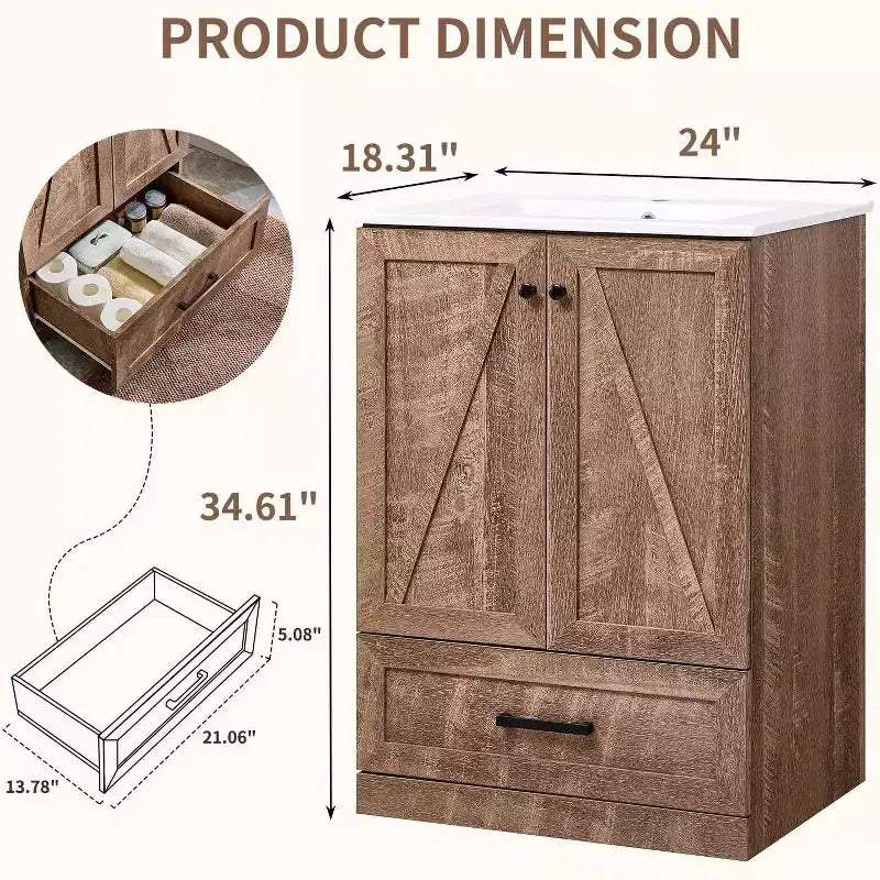 Meuble-lavabo de salle de bain de style fermier 24 po avec évier, commode de salle de bain avec grand tiroir de rangement