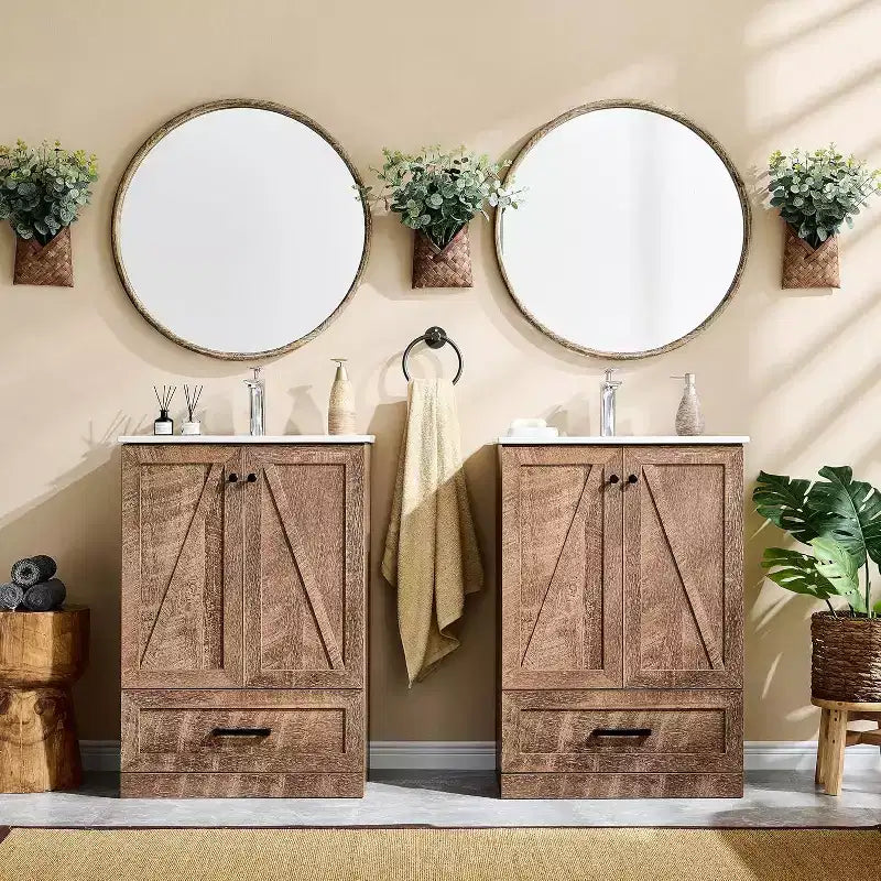Meuble-lavabo de salle de bain de style fermier 24 po avec évier, commode de salle de bain avec grand tiroir de rangement