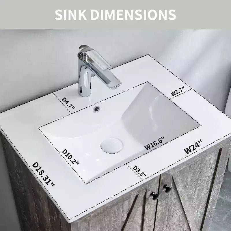 Meuble-lavabo de salle de bain de style fermier 24 po avec évier, commode de salle de bain avec grand tiroir de rangement