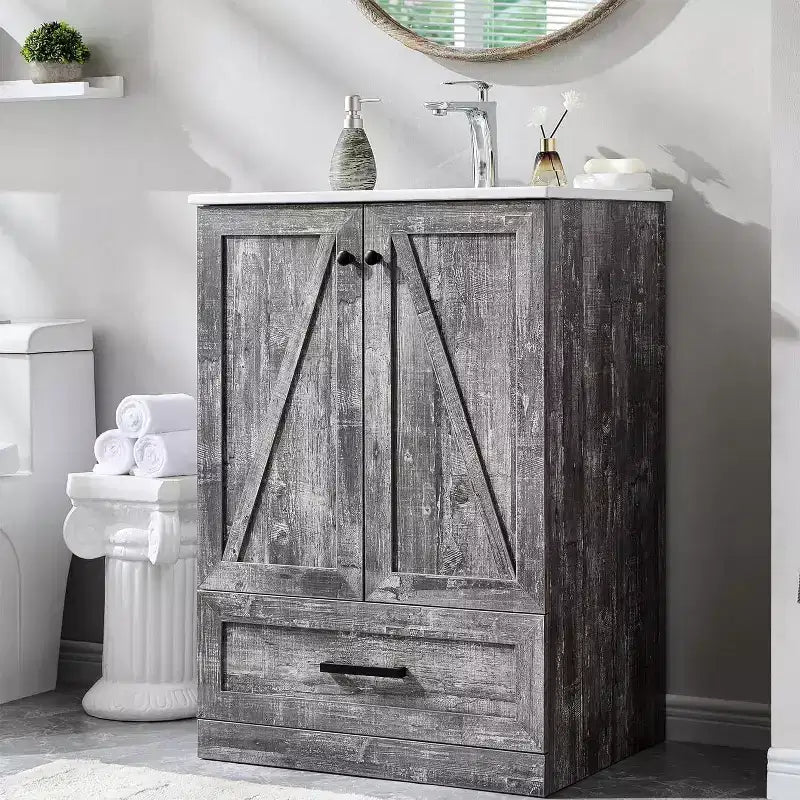 Meuble-lavabo de salle de bain de style fermier 24 po avec évier, commode de salle de bain avec grand tiroir de rangement