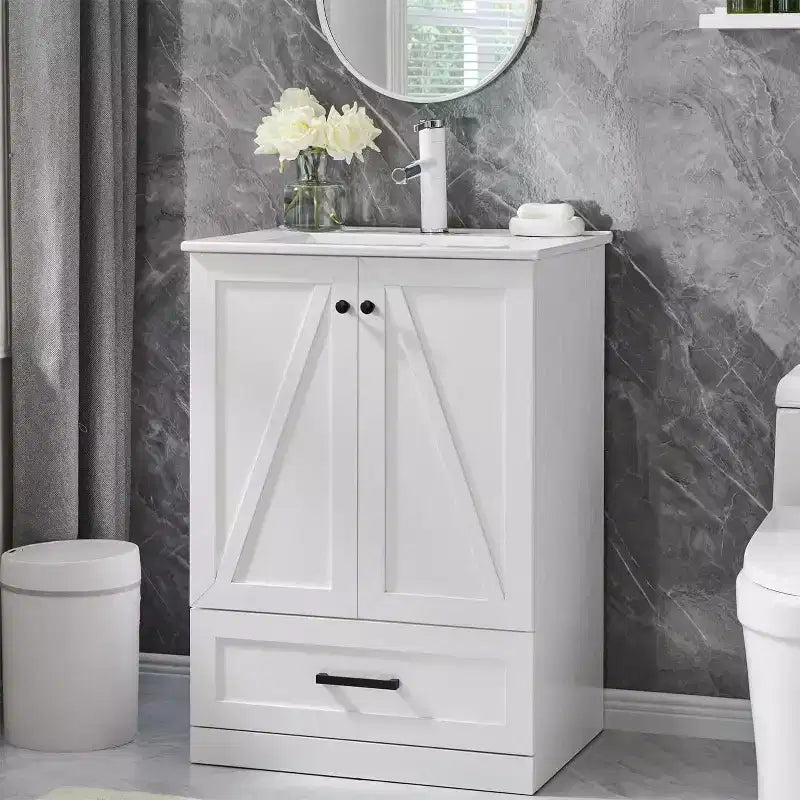 Meuble-lavabo de salle de bain de style fermier 24 po avec évier, commode de salle de bain avec grand tiroir de rangement