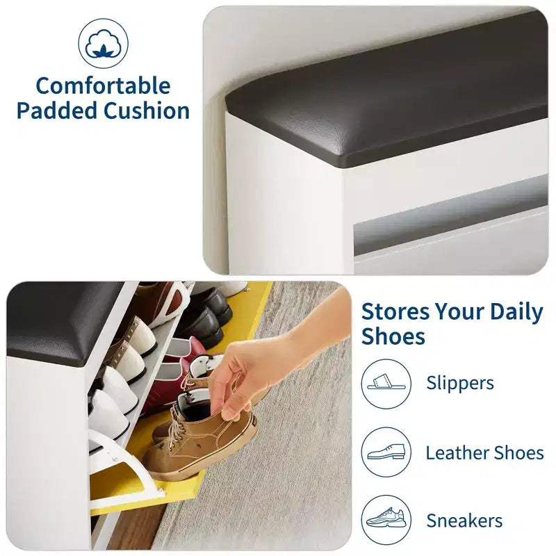 Banc de rangement pour chaussures de 31,5" avec tiroir rabattable et coussin en PU, meuble à chaussures d'entrée moderne blanc pour couloir