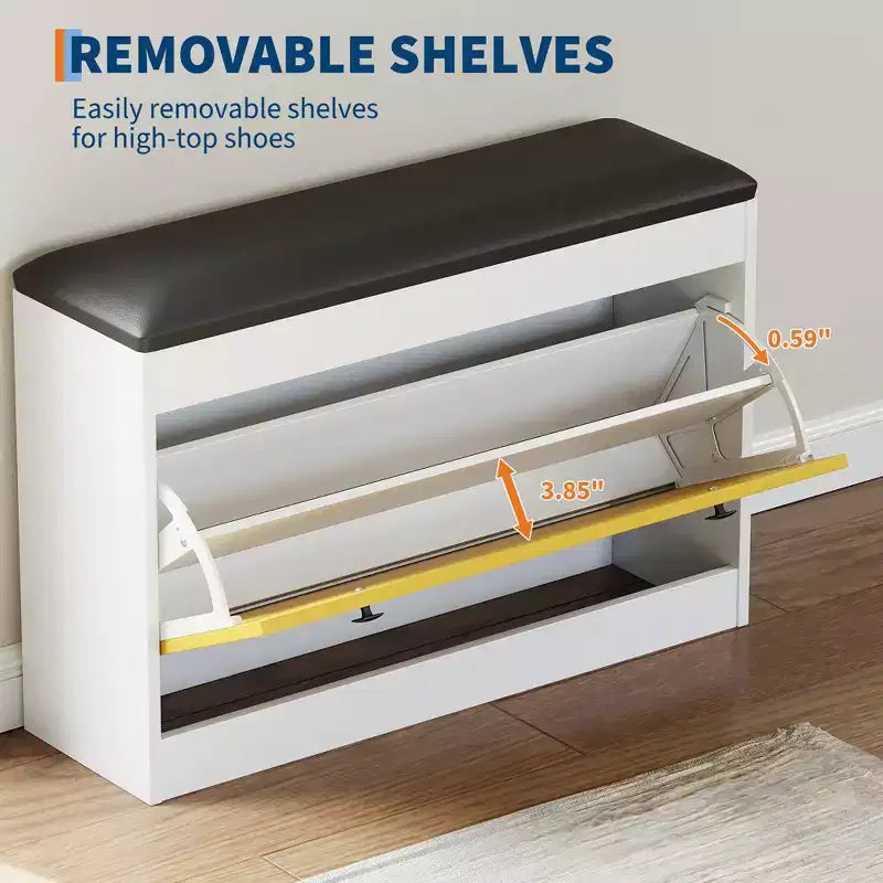 Banc de rangement pour chaussures de 31,5" avec tiroir rabattable et coussin en PU, meuble à chaussures d'entrée moderne blanc pour couloir