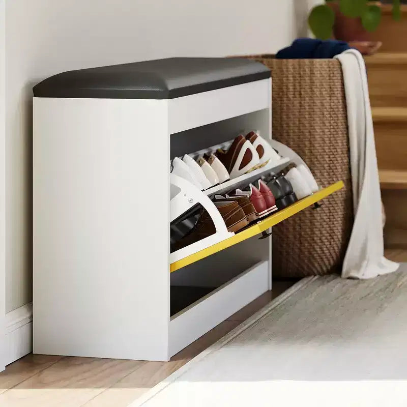 Banc de rangement pour chaussures de 31,5" avec tiroir rabattable et coussin en PU, meuble à chaussures d'entrée moderne blanc pour couloir