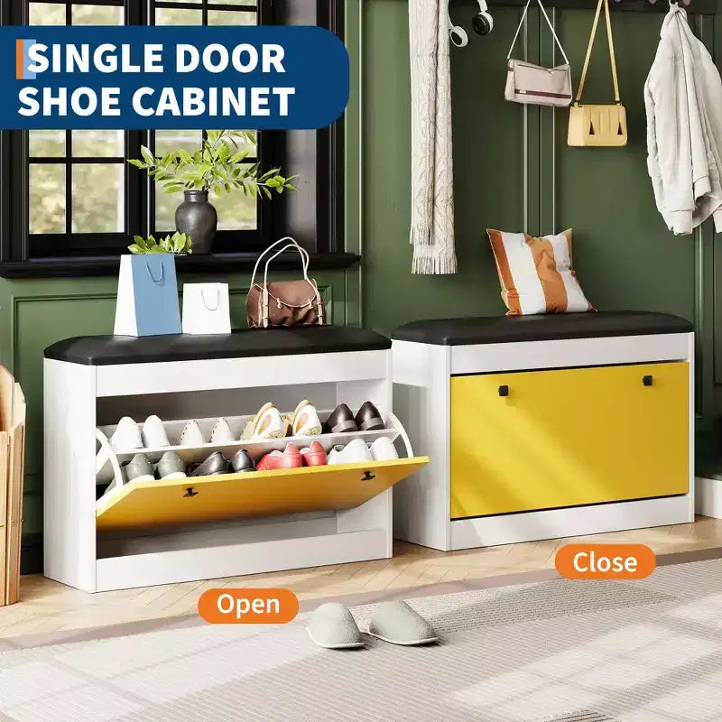 Banc de rangement pour chaussures de 31,5" avec tiroir rabattable et coussin en PU, meuble à chaussures d'entrée moderne blanc pour couloir