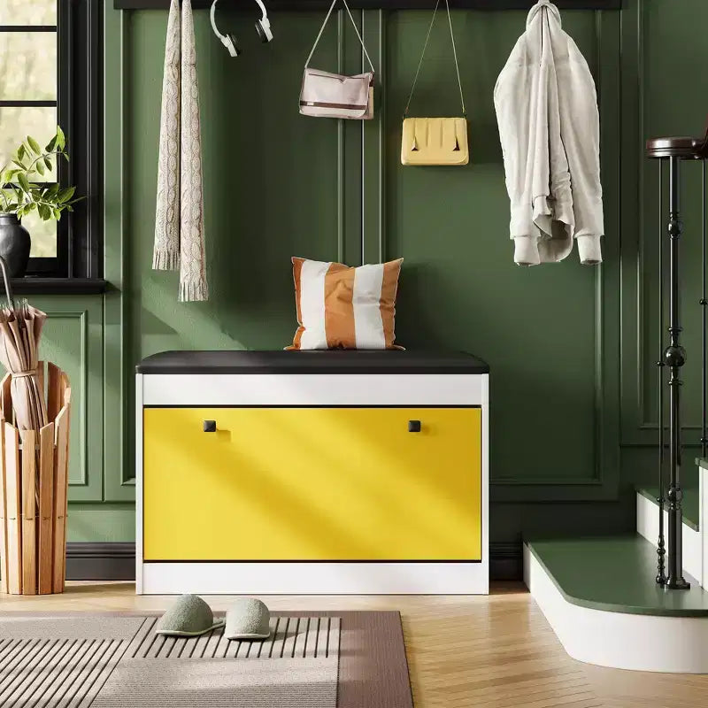 Banc de rangement pour chaussures de 31,5" avec tiroir rabattable et coussin en PU, meuble à chaussures d'entrée moderne blanc pour couloir