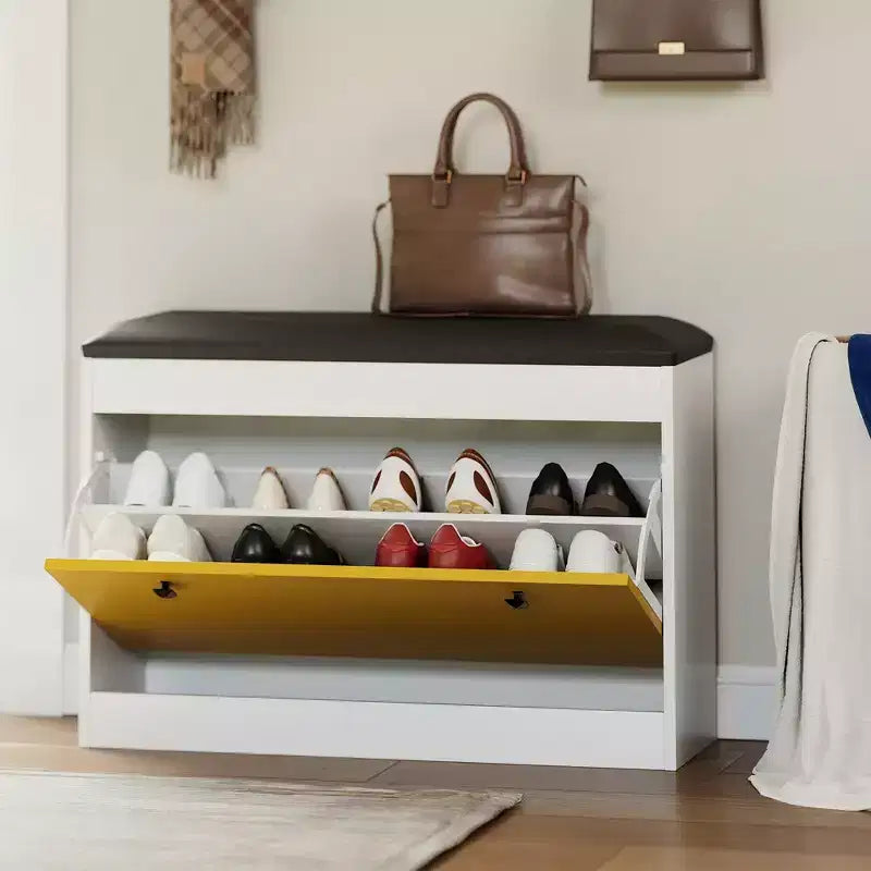 Banc de rangement pour chaussures de 31,5" avec tiroir rabattable et coussin en PU, meuble à chaussures d'entrée moderne blanc pour couloir