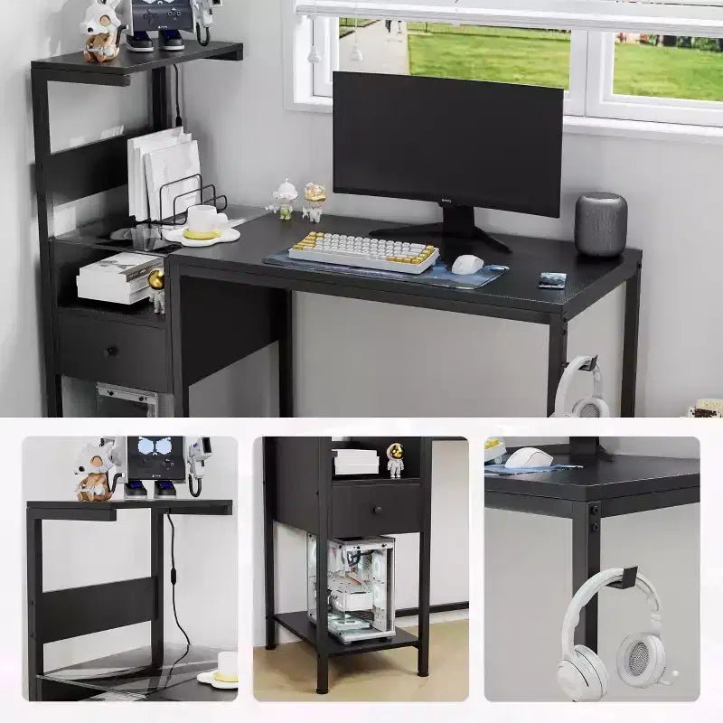 Bureau d'ordinateur de style rustique avec étagères de rangement, tiroir et placard