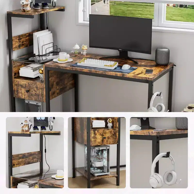 Bureau d'ordinateur de style rustique avec étagères de rangement, tiroir et placard