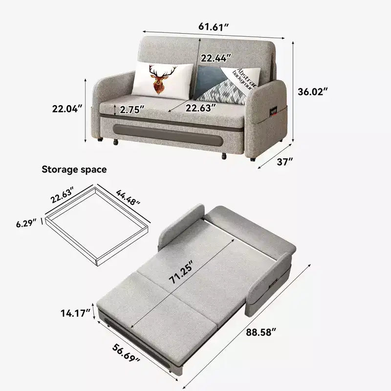 Canapé-lit convertible de 94 cm à 225 cm avec rangement caché et roulettes verrouillables