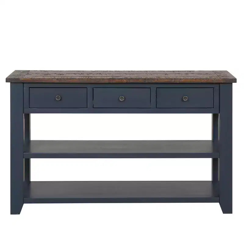 Console en bois de pin massif de 48 po avec 3 tiroirs et 2 étagères, bleue