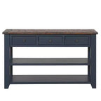 Console en bois de pin massif de 48 po avec 3 tiroirs et 2 étagères, bleue