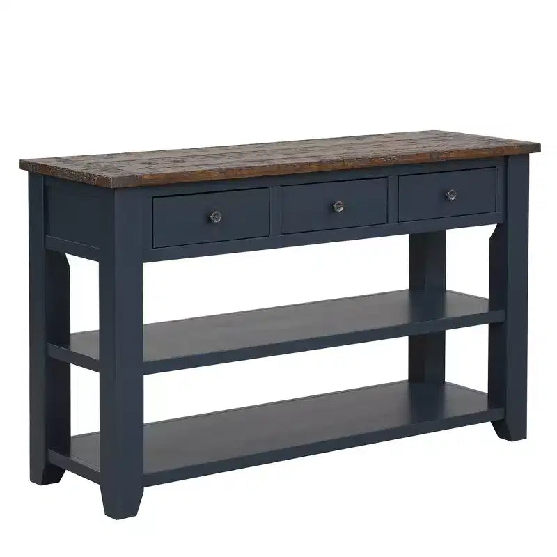 Console en bois de pin massif de 48 po avec 3 tiroirs et 2 étagères, bleue