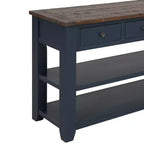 Console en bois de pin massif de 48 po avec 3 tiroirs et 2 étagères, bleue
