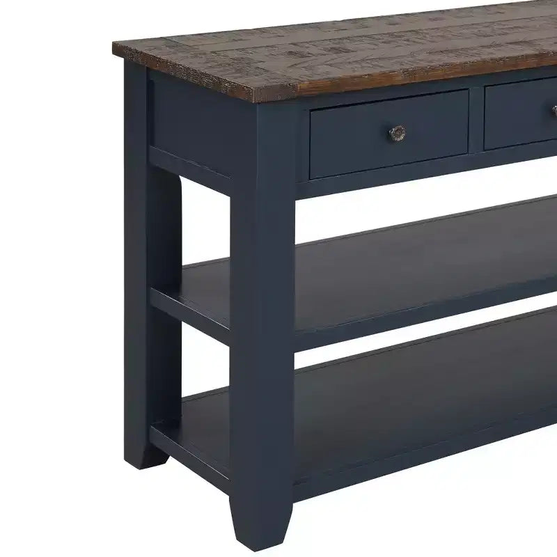 Console en bois de pin massif de 48 po avec 3 tiroirs et 2 étagères, bleue