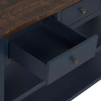 Console en bois de pin massif de 48 po avec 3 tiroirs et 2 étagères, bleue