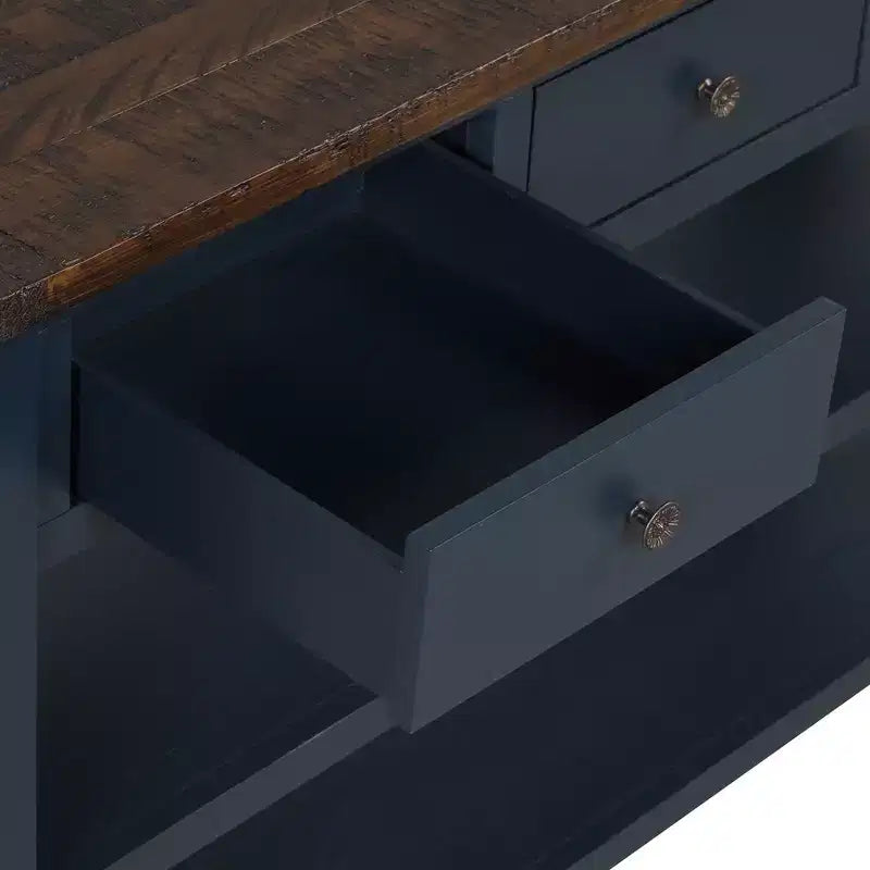 Console en bois de pin massif de 48 po avec 3 tiroirs et 2 étagères, bleue