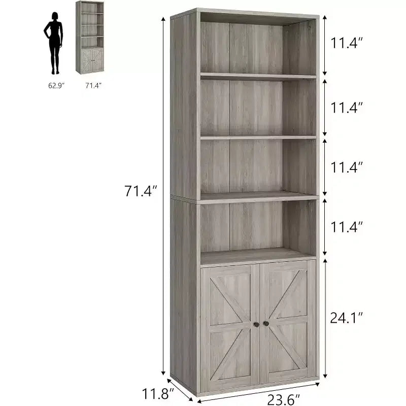 Bibliothèque de ferme avec portes, étagère d'exposition et de rangement de 6 niveaux et 181,4 cm de haut, gris rustique, lot de 2