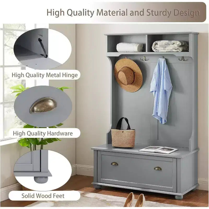 Porte-manteau d'entrée en métal gris avec banc, patères et étagères de rangement ouvertes