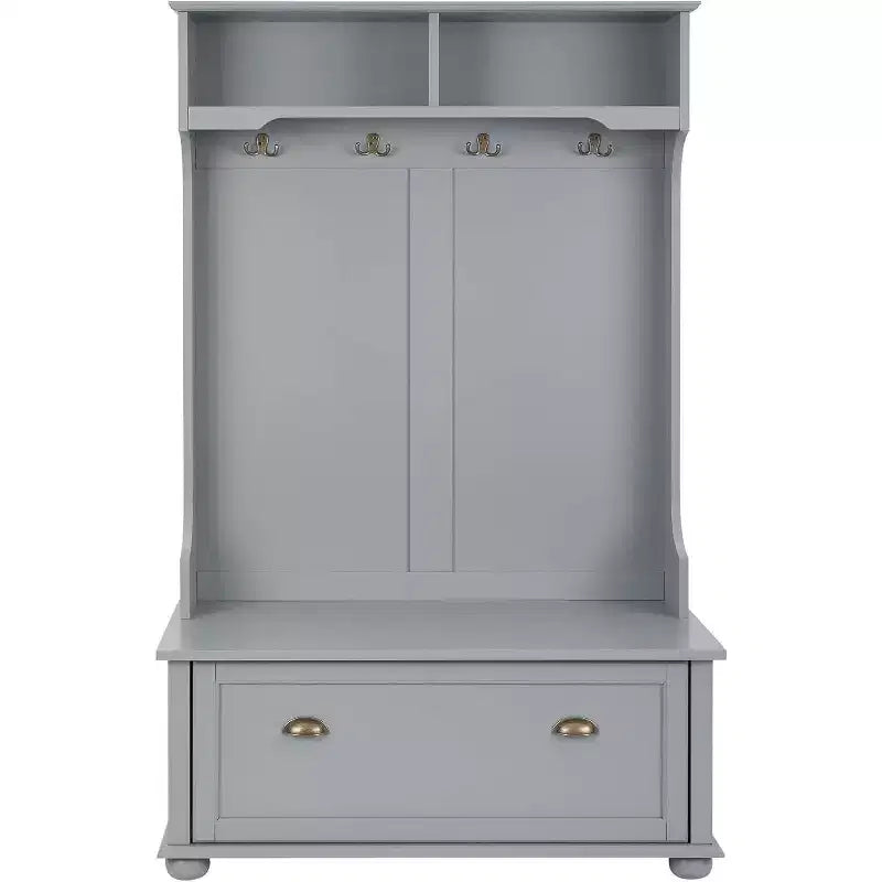 Porte-manteau d'entrée en métal gris avec banc, patères et étagères de rangement ouvertes