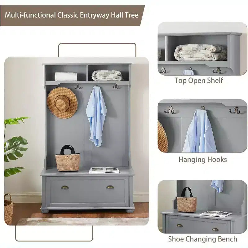 Porte-manteau d'entrée en métal gris avec banc, patères et étagères de rangement ouvertes