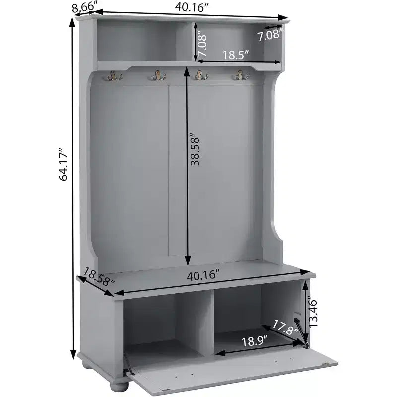 Porte-manteau d'entrée en métal gris avec banc, patères et étagères de rangement ouvertes