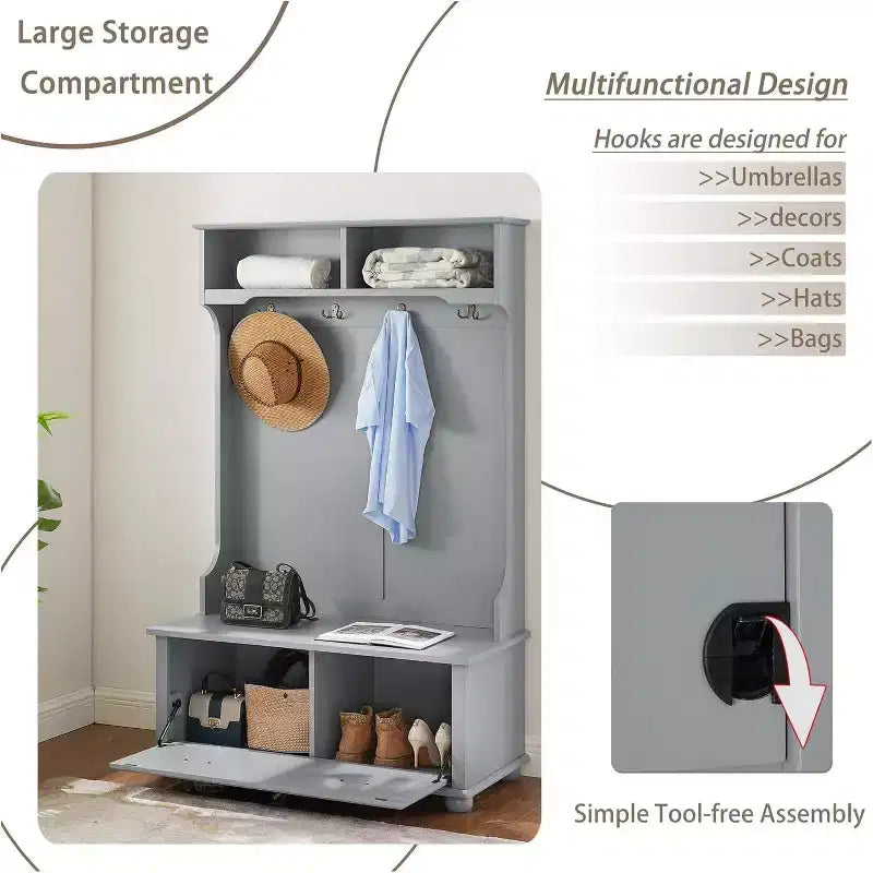 Porte-manteau d'entrée en métal gris avec banc, patères et étagères de rangement ouvertes