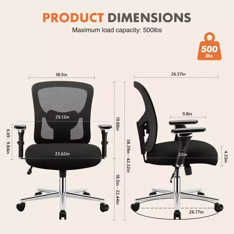 Chaise de bureau ergonomique pivotante en maille moderne avec accoudoirs et support lombaire réglables