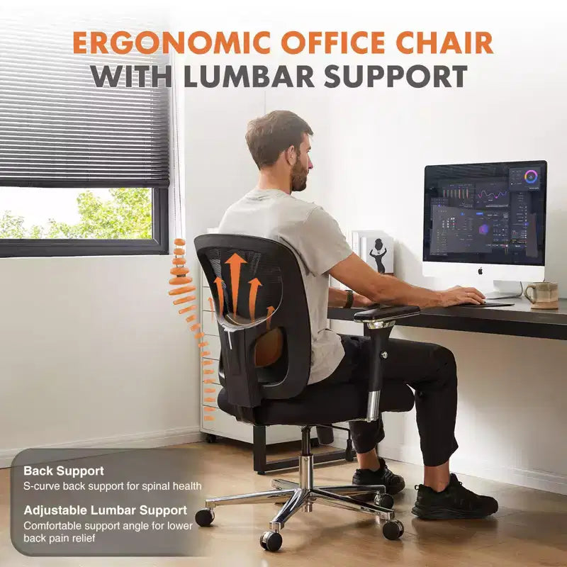Chaise de bureau ergonomique pivotante en maille moderne avec accoudoirs et support lombaire réglables
