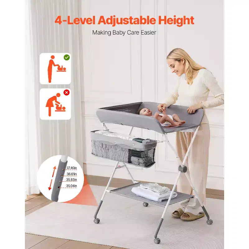 Table à langer pliable avec panier latéral, roulettes verrouillables, gris clair