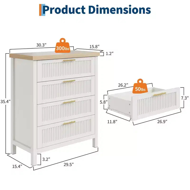 Commode à 4 tiroirs cannelés de 89,9 cm de haut, meuble de rangement pour chambre et salon