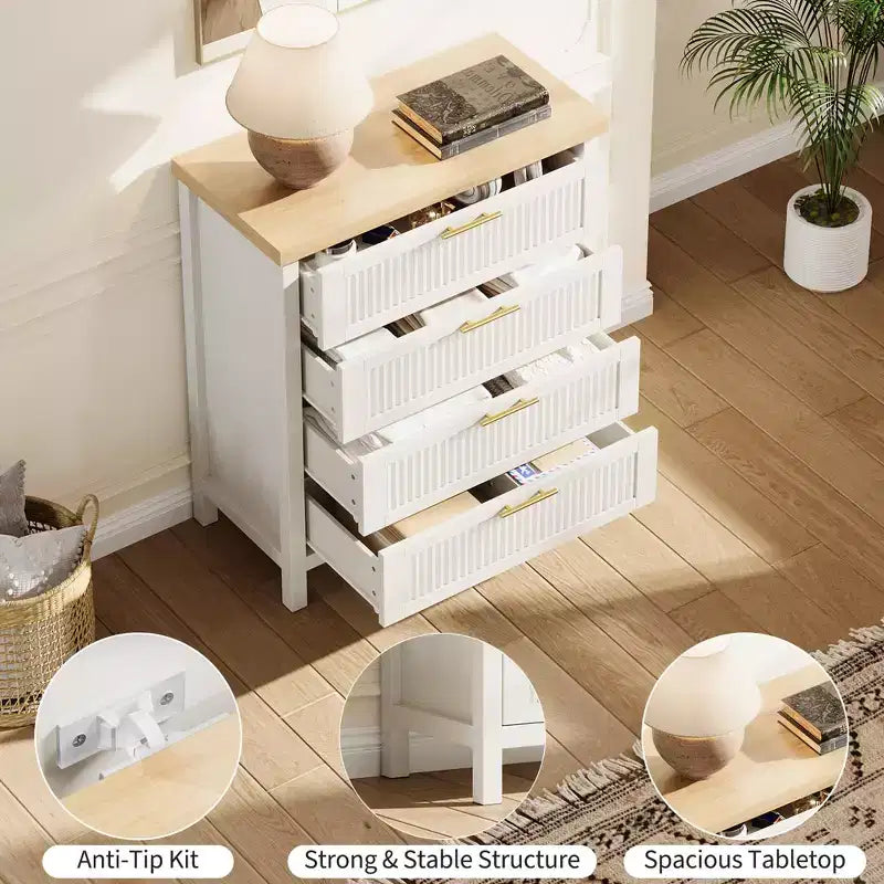 Commode à 4 tiroirs cannelés de 89,9 cm de haut, meuble de rangement pour chambre et salon