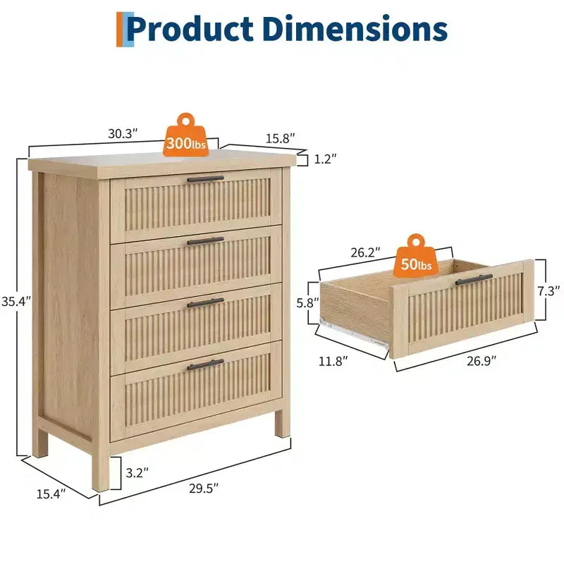 Commode à 4 tiroirs cannelés de 89,9 cm de haut, meuble de rangement pour chambre et salon