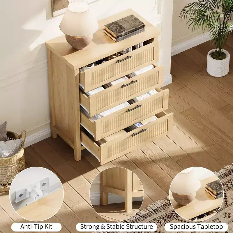 Commode à 4 tiroirs cannelés de 89,9 cm de haut, meuble de rangement pour chambre et salon