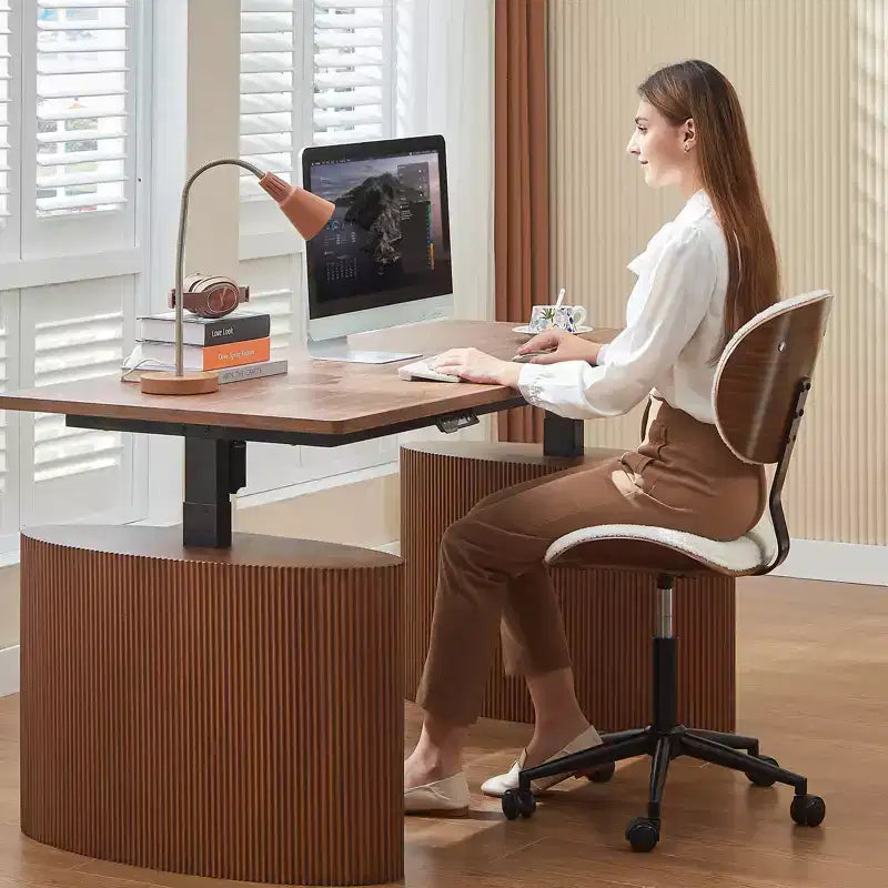 Chaise de bureau ergonomique sans accoudoirs en bois courbé, en cuir PU, réglable en hauteur avec roulettes