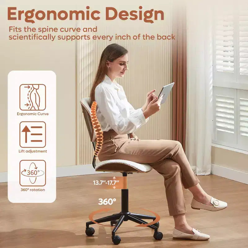 Chaise de bureau ergonomique sans accoudoirs en bois courbé, en cuir PU, réglable en hauteur avec roulettes