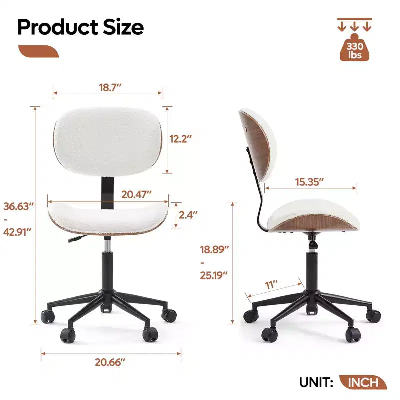 Chaise de bureau ergonomique sans accoudoirs en bois courbé, en cuir PU, réglable en hauteur avec roulettes