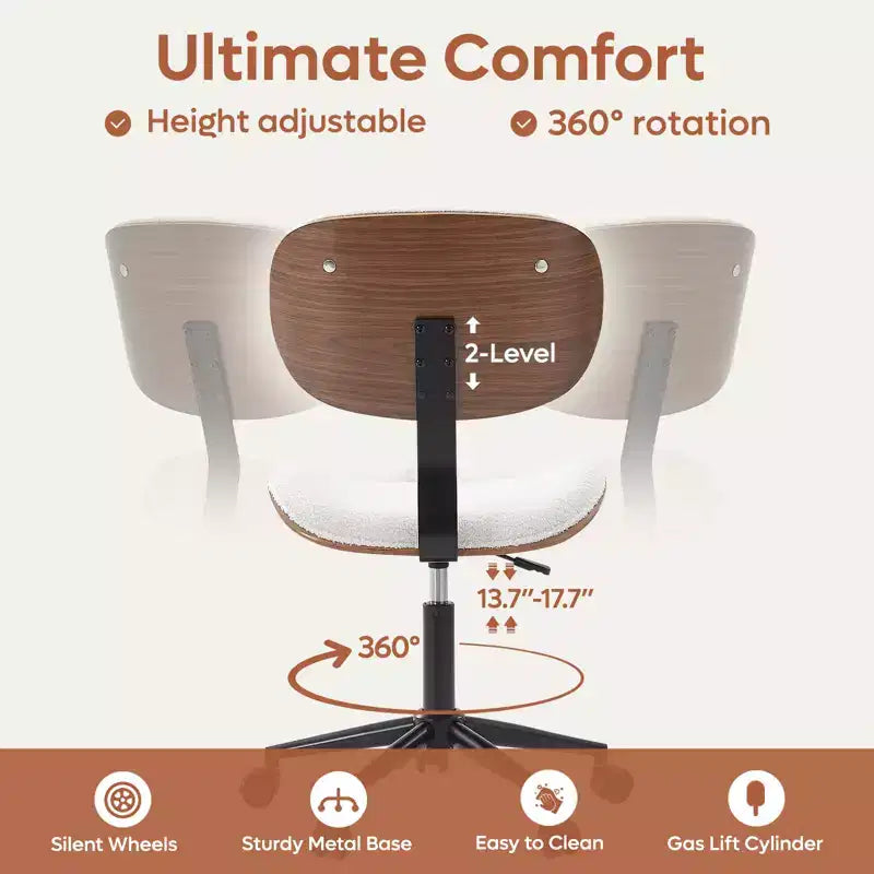 Chaise de bureau ergonomique sans accoudoirs en bois courbé, en cuir PU, réglable en hauteur avec roulettes
