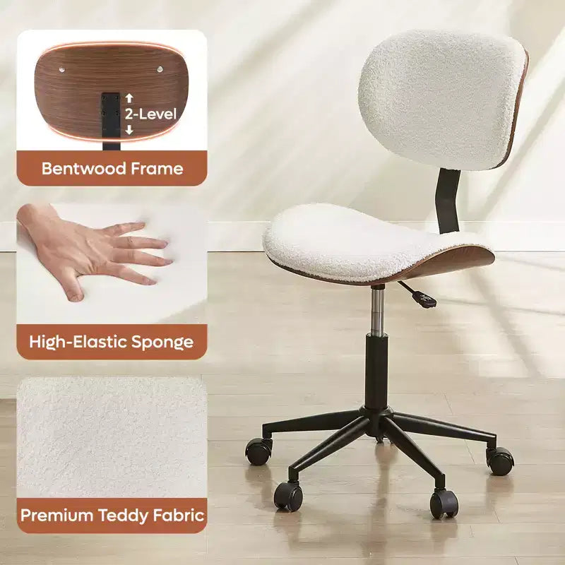Chaise de bureau ergonomique sans accoudoirs en bois courbé, en cuir PU, réglable en hauteur avec roulettes