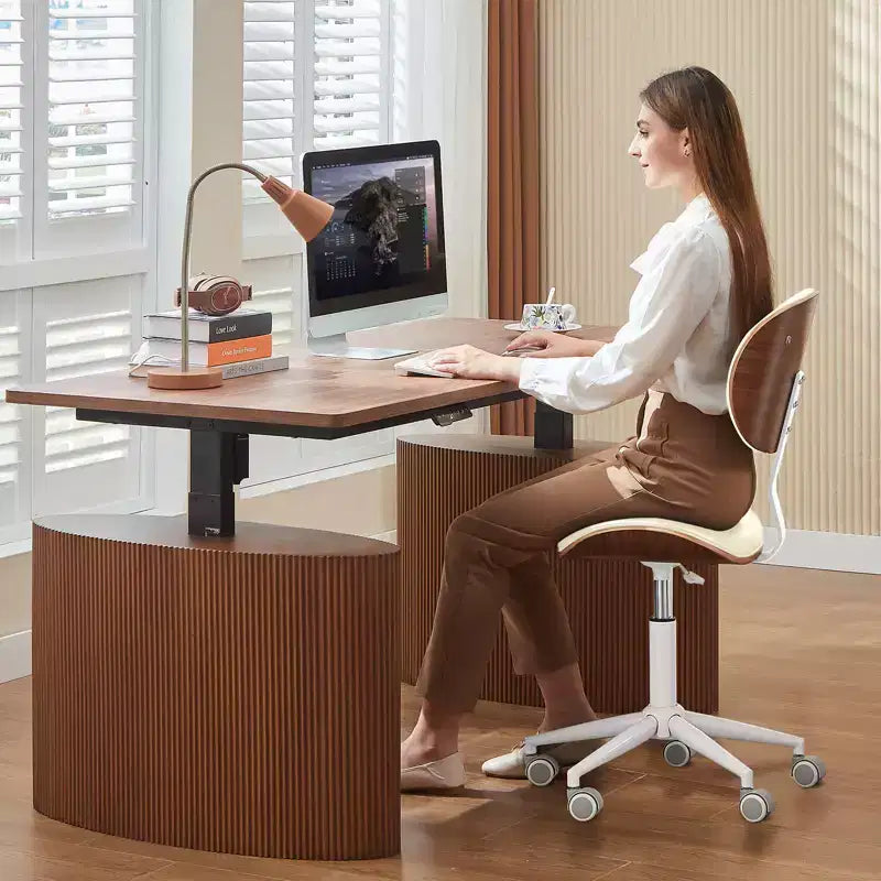 Chaise de bureau ergonomique sans accoudoirs en bois courbé, en cuir PU, réglable en hauteur avec roulettes
