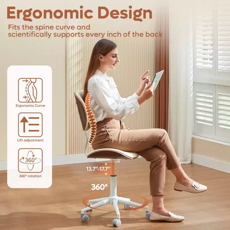Chaise de bureau ergonomique sans accoudoirs en bois courbé, en cuir PU, réglable en hauteur avec roulettes