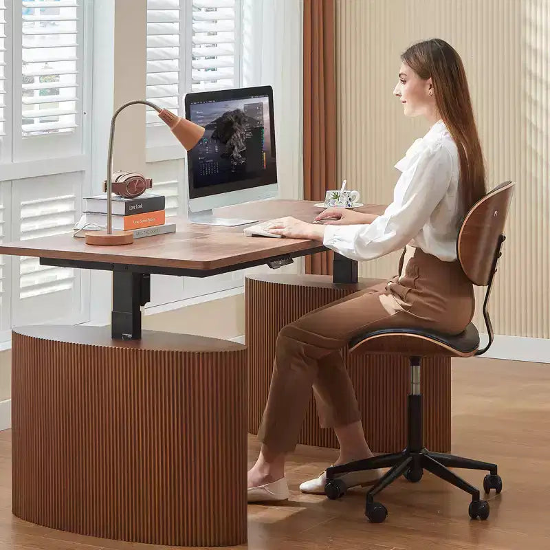 Chaise de bureau ergonomique sans accoudoirs en bois courbé, en cuir PU, réglable en hauteur avec roulettes