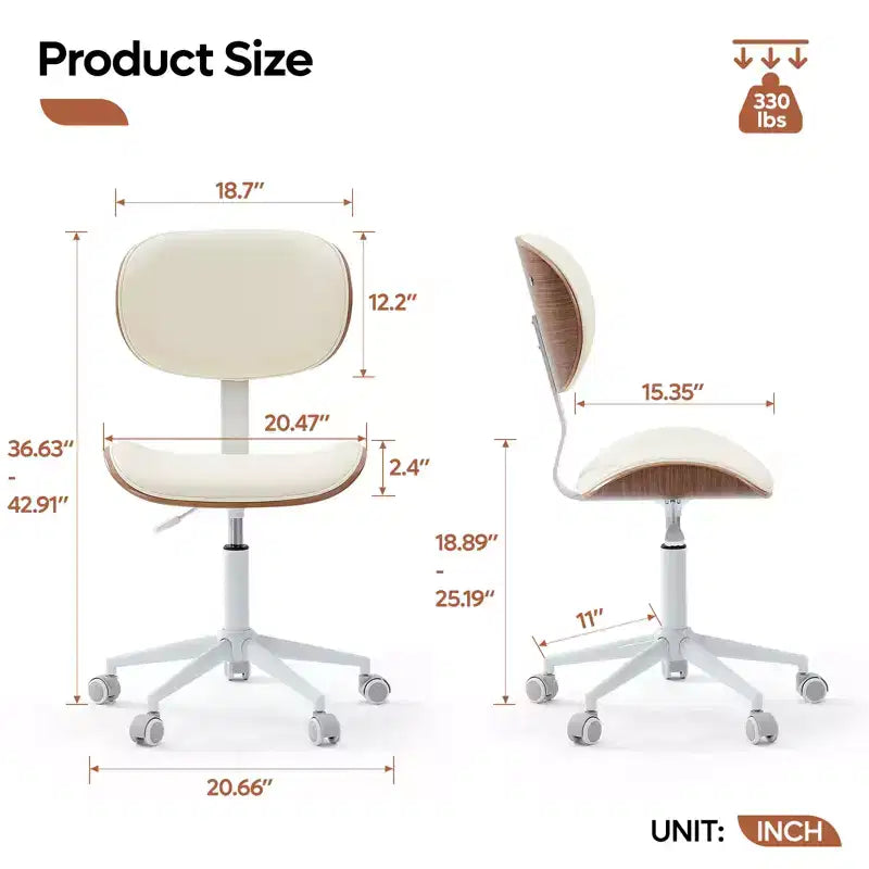 Chaise de bureau ergonomique sans accoudoirs en bois courbé, en cuir PU, réglable en hauteur avec roulettes