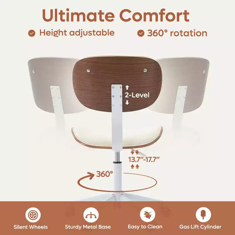 Chaise de bureau ergonomique sans accoudoirs en bois courbé, en cuir PU, réglable en hauteur avec roulettes